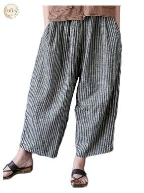 Cotton-Linen Wide Leg Harem Pants Baggy Elastic Waist Patch Pockets